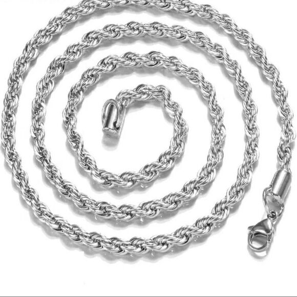 Silver 24” Twisted Rock Chain 3mm Necklace Men Or Women - Picture 2 of 6